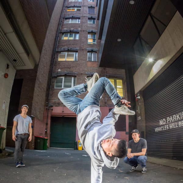 The crew of Cypher Bboys Blue, Stevie G and Akorn