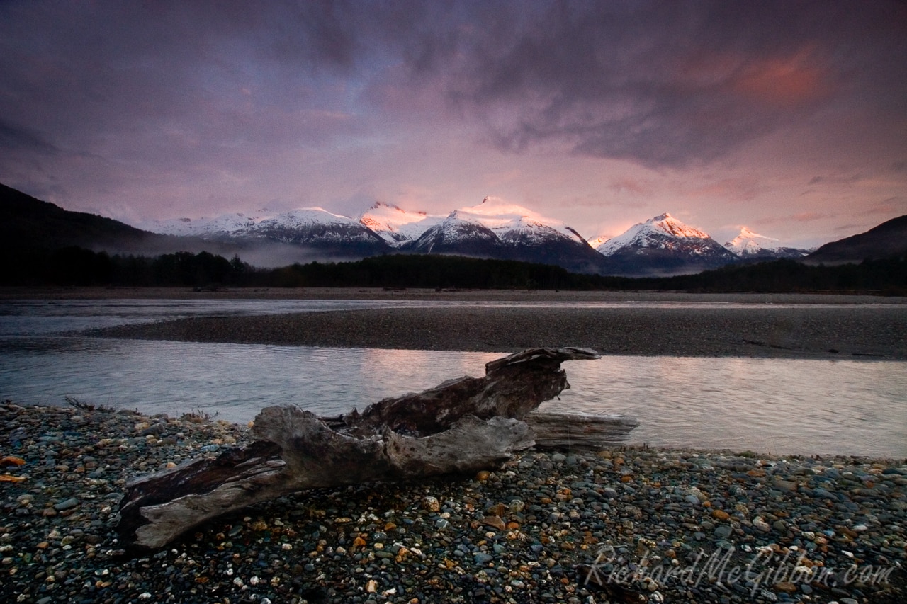 Sunrise from the banks of the Rio Baker near the Northern Icecap, Patagonia, Chile