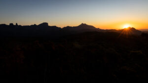 Panoramic silhouette of the Warrumbungle ridgeline at sunset, Warrumbungle National Park
