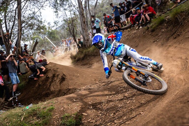 Mountain biker racing at Aus Open Downhill, Thredbo Cannonball 2026