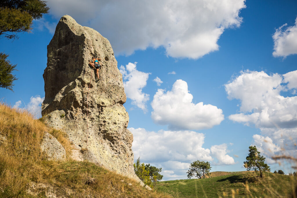 Kaleigh Carlson climbing at the Wharepapa crags, New Zealand