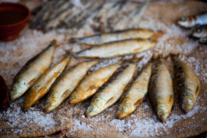 Salted fish on display during a festival to celebrate Tarragona's Roman heritage, Spain